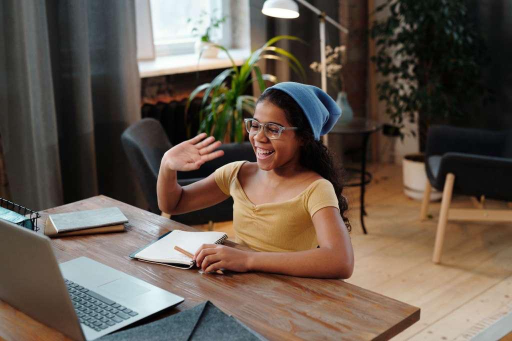 A learner taking an online language lesson